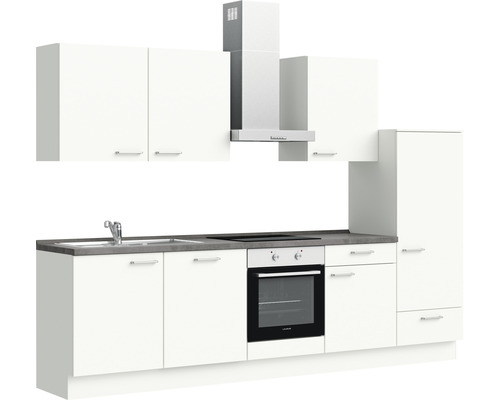 Cuisine blanche avec évier, cuisinière, four et hotte aspirante