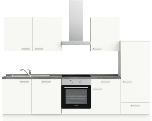 Cuisine complète avec meubles hauts et bas, évier, cuisinière et hotte aspirante