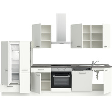 Komplette Einbauküche mit Hängeschränken, Dunstabzugshaube, Spüle, Herd und Kühlschrank