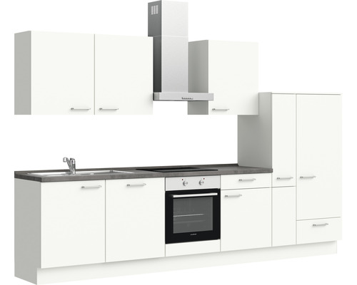 Komplette Küche mit Spüle, Herd, Backofen, Dunstabzugshaube und Schränken