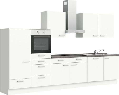 Küchenzeile mit Spüle, Herd, Dunstabzugshaube und Einbaubackofen