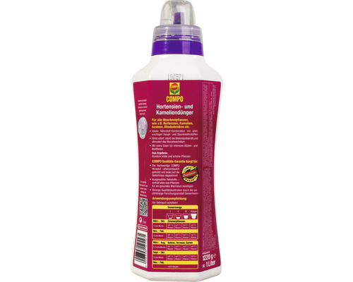 Engrais pour hortensias et camélias COMPO dans une bouteille de 1 litre