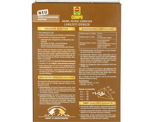 Engrais longue durée COMPO pour arbres, haies et arbustes, informations sur la composition, recommandations d''application et garantie de qualité