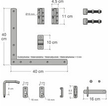 Technische Zeichnung von einem Torband Set mit Maßangaben