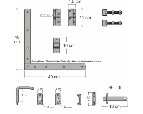 Dessin technique d''un jeu de pentures de portail avec indications de dimensions