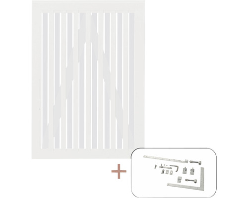 Portail à un vantail PLUS Nagano y compris ferrures 100 x 140 cm RAL 9010 blanc Portail de jardin blanc avec ferrures