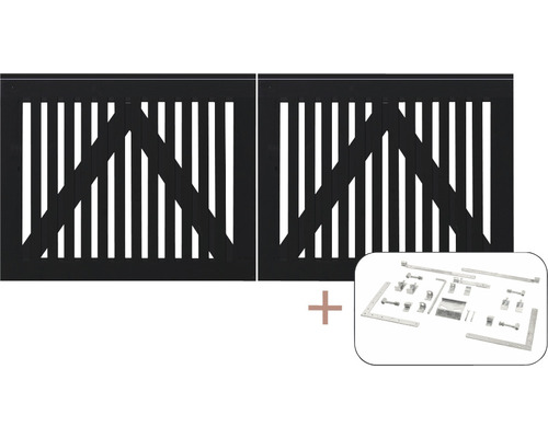 Portail double PLUS Sendai y compris ferrures 200 x 80 cm RAL 9005 noir Portail en bois avec ferrures incluses pour le montage