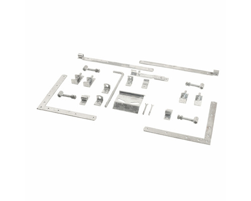 Metallbeschläge für Holztore, bestehend aus Winkel, Riegel, Haken und Befestigungselementen