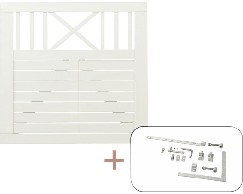 Portail à un vantail PLUS Nostalgi y compris ferrures 100 x 95 cm RAL 9010 blanc Portail en bois avec kit de ferrures