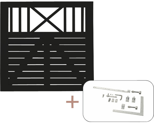 Portail à un vantail Nostalgi y compris ferrures 100 x 95 cm RAL 9005 noir Portail de jardin en bois avec kit de ferrures