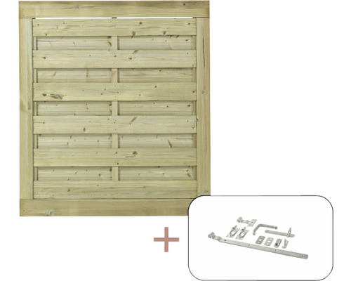 Portail à un vantail PLUS Newline y compris ferrures 100 x 110 cm traité en autoclave par imprégnation Clôture en bois avec ferrures pour portails de jardin