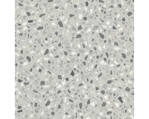 Nahaufnahme einer Bodenfliese im Terrazzo-Design mit verschiedenen Steineinschlüssen