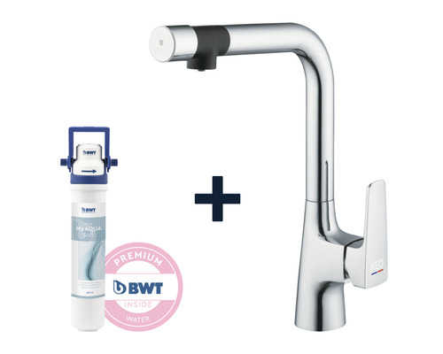 Wasserhahn mit Wasserfilter und BWT Logo