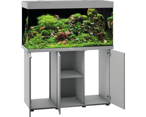 Aquarium avec meuble bas, décoré de plantes et de poissons