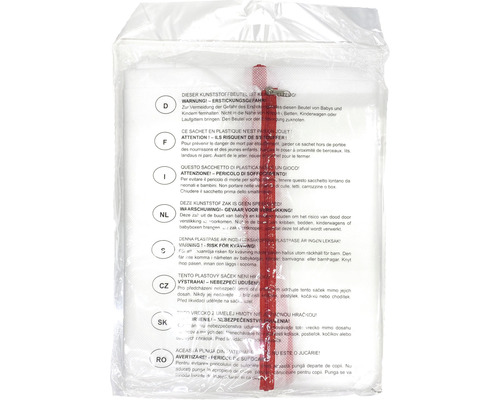Plastikbeutel mit Warnhinweisen zur Erstickungsgefahr