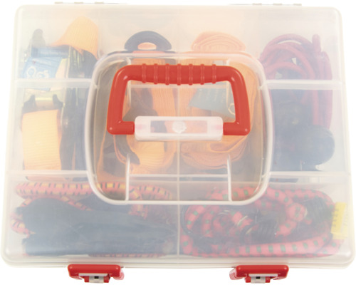 Boîte d''assortiment avec sangles d''arrimage et tendeurs élastiques