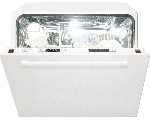 Lave-vaisselle entièrement intégré PKM 55 cm pour 6 couverts 6,5 l 49 dB (A) GS6-6FI2 Lave-vaisselle blanc ouvert avec vaisselle