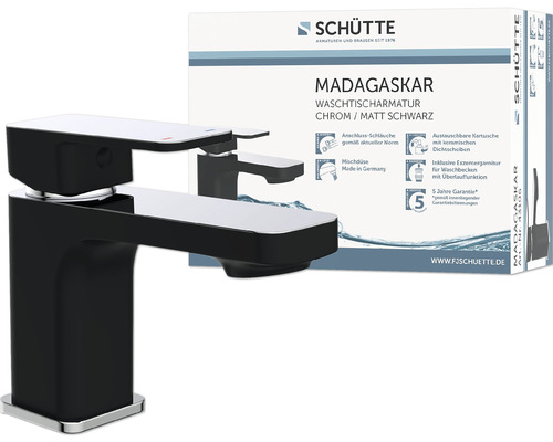 Waschtischarmatur in Chrom und Mattschwarz mit Verpackung