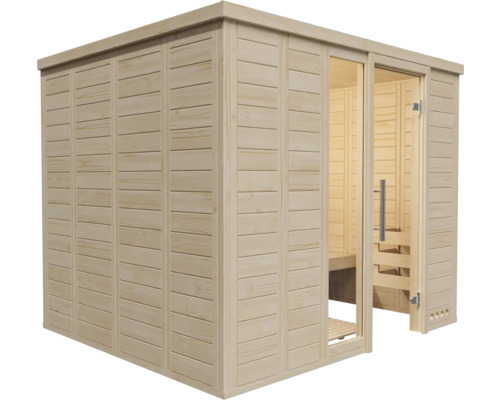 Sauna en bois avec porte en verre et bancs en bois