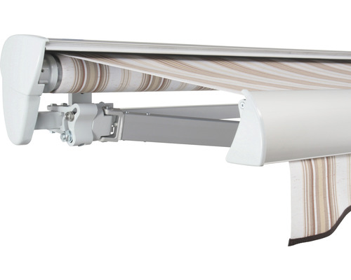 SOLUNA Halbkassettenmarkise Classic 4x1,5 Stoff Dessin 6171 Gestell E6EV1 silber eloxiert Antrieb links inkl. Motor und Wandschalter Detail einer Gelenkarmmarkise mit gestreiftem Markisenstoff
