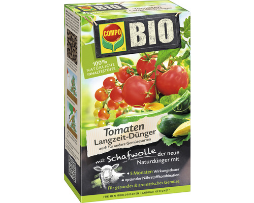 Langzeitdünger COMPO BIO Tomatendünger mit Schafwolle 100% natürliche Inhaltsstoffe 750 g, auch für andere Gemüsesorten, 5 Monate Langzeitwirkung