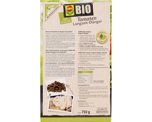 COMPO BIO Engrais longue durée pour tomates, emballage avec informations et images