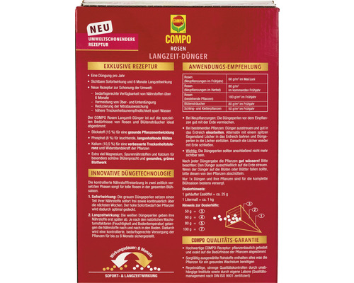 COMPO Rosendünger Langzeit Dünger Rückseite mit Informationen zu Inhaltsstoffen und Anwendungsempfehlungen