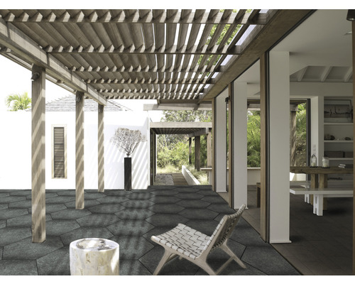 Feinsteinzeug Terrassenplatte Hexagon Basalto rektifizierte Kante 60 x 52 x 2 cm