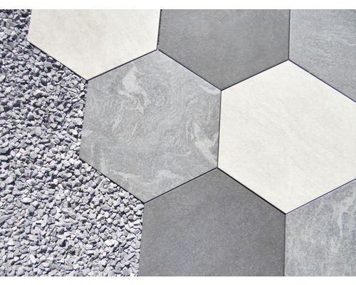 Carreaux de sol hexagonaux avec gravier