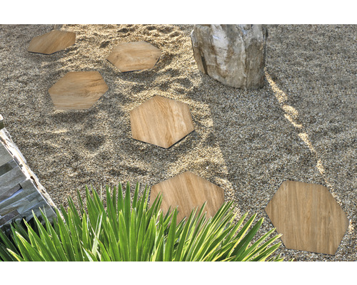 Dalle extérieure grès cérame hexagonal effet bois marron 60-52x2 cm