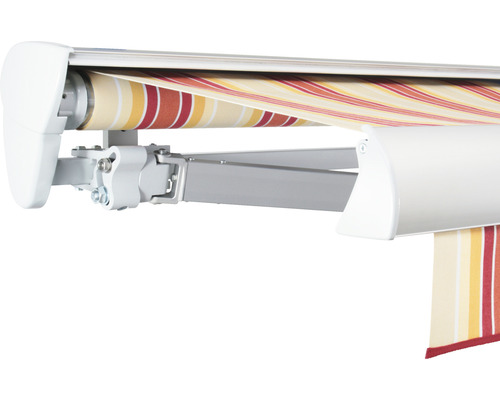SOLUNA Halbkassettenmarkise Classic 4,5x2,5 Stoff Dessin 8430 Gestell E6EV1 silber eloxiert Antrieb links inkl. Motor und Wandschalter Detailansicht einer Gelenkarmmarkise mit gestreiftem Markisentuch