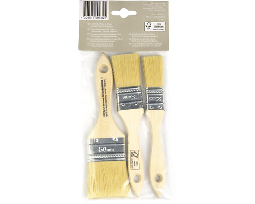Lot de trois pinceaux à vernis avec manche en bois et différentes tailles dans un emballage.