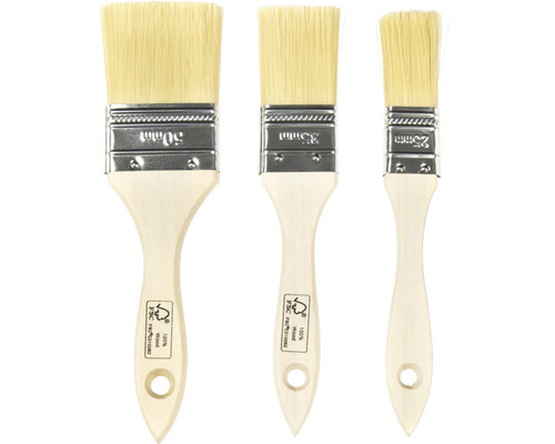 Ensemble de trois pinceaux à vernis avec manche en bois dans les tailles 25, 35 et 50 millimètres