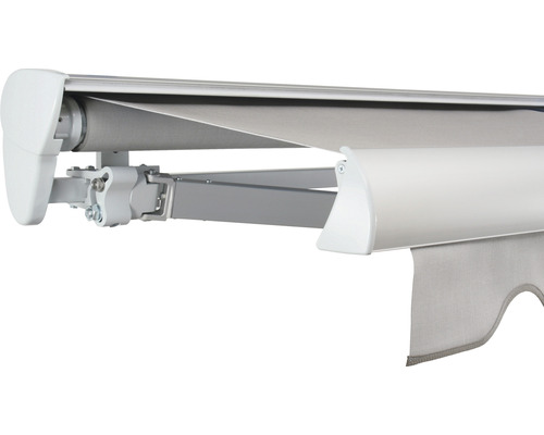 SOLUNA Halbkassettenmarkise Classic 2,5x1,5 Stoff Dessin 320923 Gestell E6EV1 silber eloxiert Antrieb links inkl. Motor und Wandschalter
