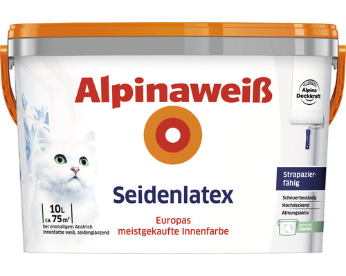 Peinture latex Alpina latex satiné blanc 10 l Peinture d''intérieur Alpinaweiss Seidenlatex, 10 litres
