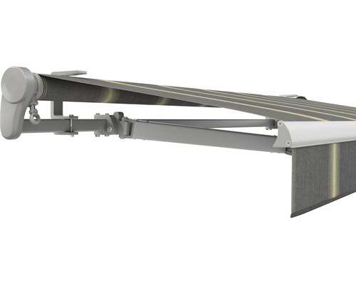 SOLUNA Gelenkarmmarkise Trend 2,5x2 Stoff Dessin D417 Gestell E6EV1 silber eloxiert Antrieb links inkl. Motor, Wandschalter und Nothandkurbel Gelenkarmmarkise mit Stoffmuster
