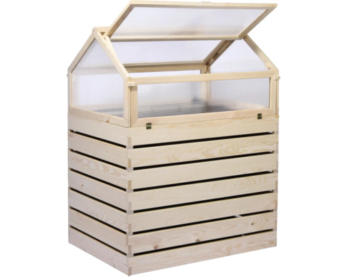 Hochbeet aus Holz mit geöffnetem Deckel