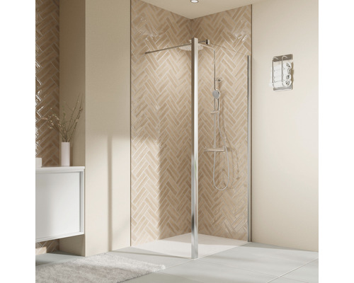 Seitenwand für Pendeltür BREUER Elana 2.0 90 cm Profil weiß Klarglas Seitenwandanschlag links Badezimmer mit Duschabtrennung, Armatur und verkleideter Wand