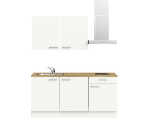 Küchenzeile mit Spüle, Kochfeld und Dunstabzugshaube