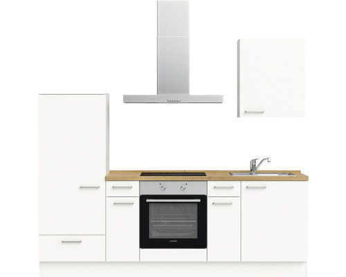 Küchenzeile mit Spüle, Kochfeld, Backofen, Dunstabzugshaube und Hängeschrank