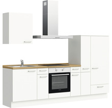 Komplette Küche mit Spüle, Herd, Backofen, Dunstabzugshaube und Schränken