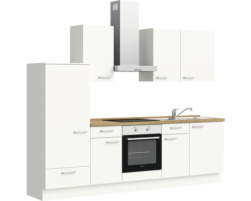 Komplette Küche mit Hängeschränken, Spüle, Herd und Dunstabzugshaube