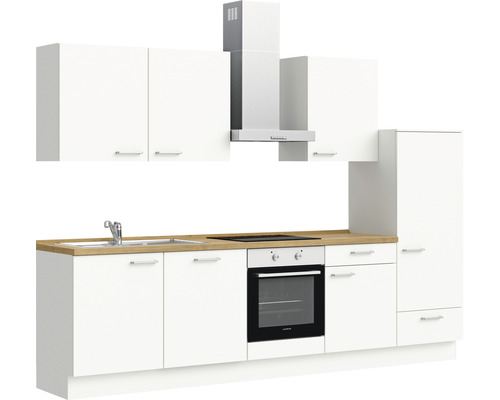 Cuisine complète avec évier, plaque de cuisson, four, hotte aspirante et armoires