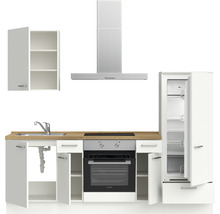 Küchenzeile mit Spüle, Herd, Backofen, Dunstabzugshaube, Kühlschrank und Hängeschrank