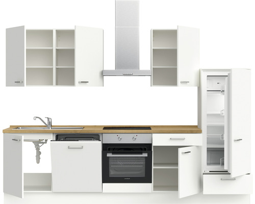 Cuisine complète avec évier, lave-vaisselle, plaque de cuisson, four, hotte aspirante, réfrigérateur-congélateur et armoires