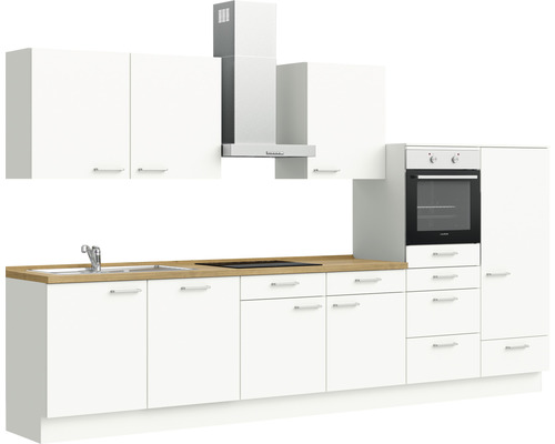 Cuisine blanche avec évier, plaque de cuisson, four et hotte aspirante