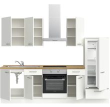 Komplette Küchenzeile mit Spüle, Herd, Backofen, Kühlschrank, Dunstabzugshaube und Hängeschränken