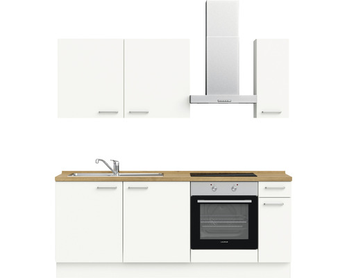 Küchenzeile mit Spüle, Kochfeld, Backofen und Dunstabzugshaube