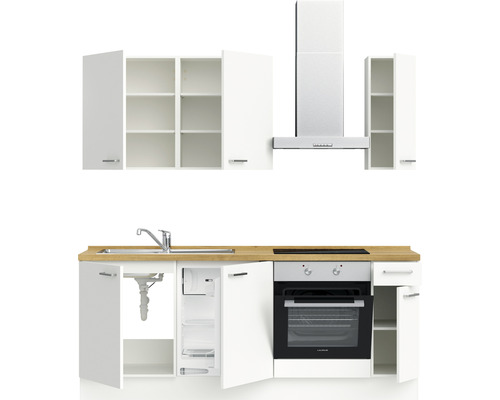 Küchenzeile mit Spüle, Kühlschrank, Herd, Backofen und Dunstabzugshaube