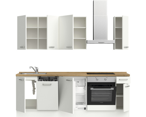 Küchenzeile mit Hängeschränken, Spüle, Geschirrspüler, Kühlschrank, Backofen und Dunstabzugshaube